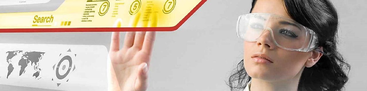 Woman working with a digital touch screen.