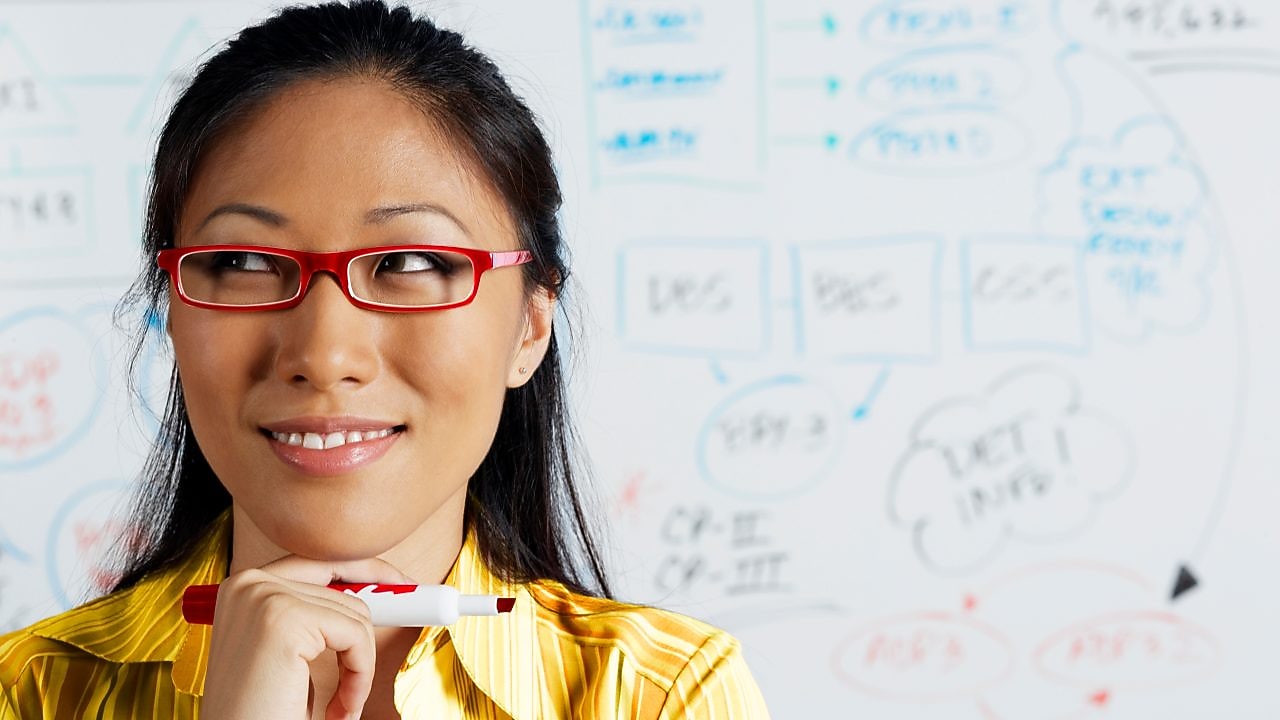 Close up of Asian businesswoman smiling in front of whiteboard