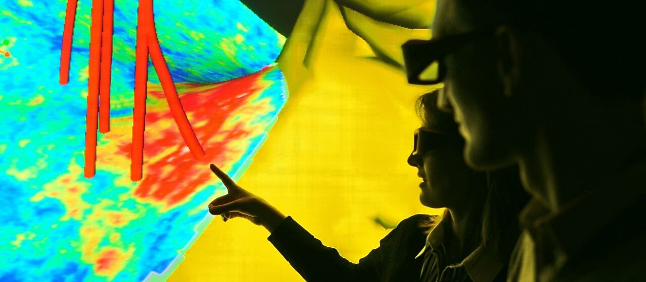 Seismic image displaying well trajectories showing how different sources of subsurface data can be integrated