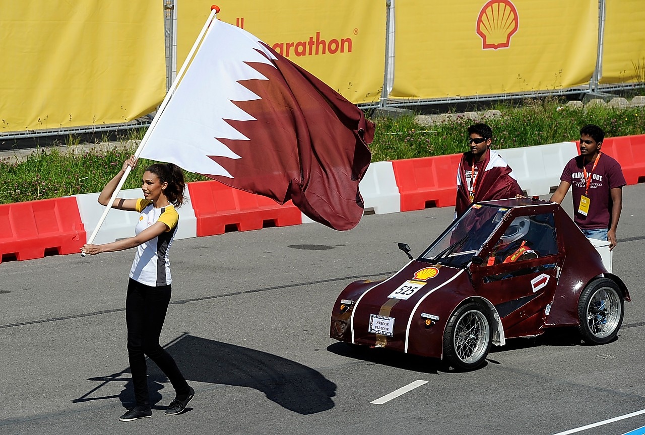 The Al Gazzal, UrbanConcept, running on GTL, competing for team Maroon Platoon, from Texas A&M University at Qatar during the opening ceremony on day 2 of the Shell Eco-marathon Europe 2014
