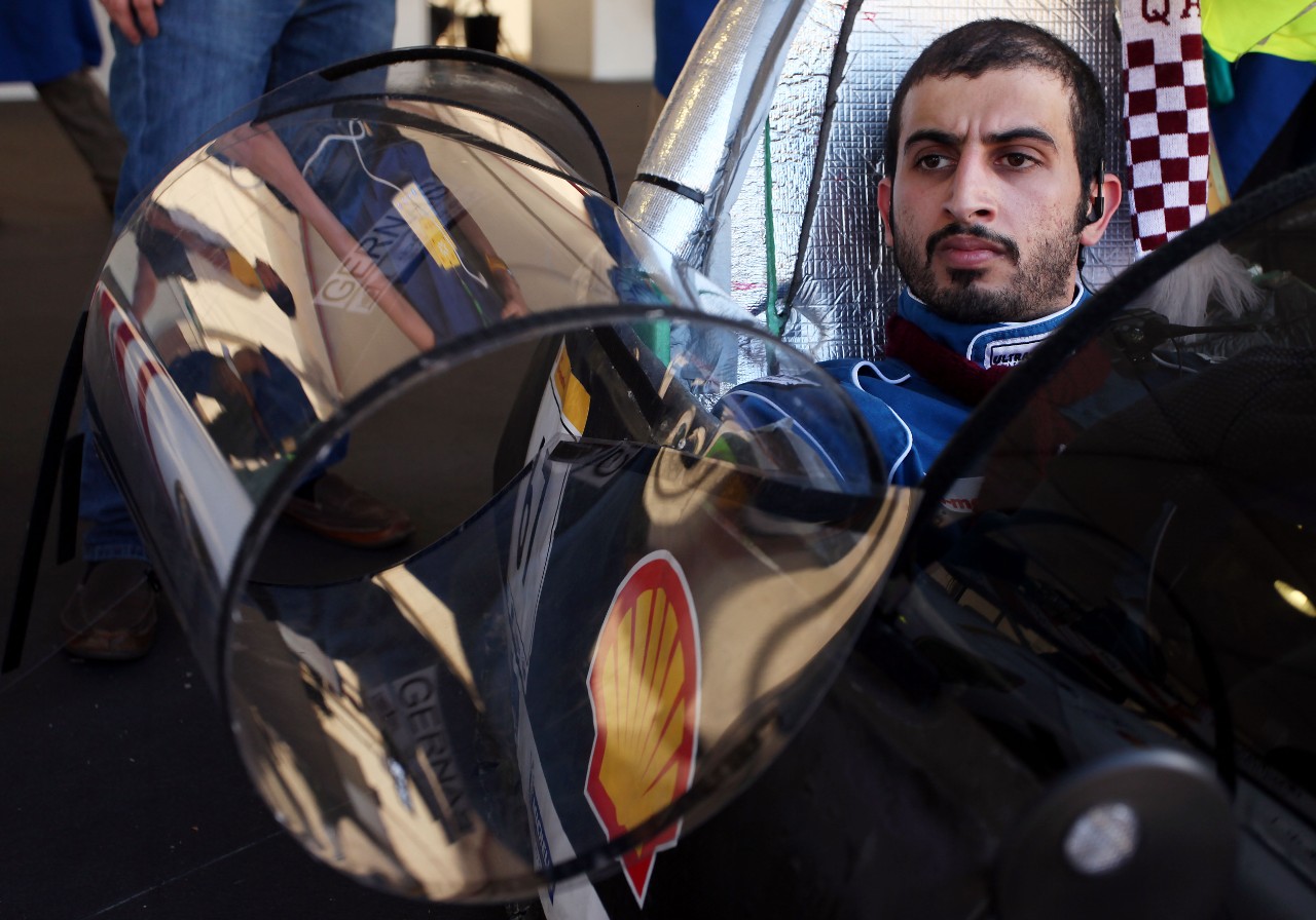 Team Garnas MIE from Qatar University prepares to enter the track in The MIE-4 Prototype during day three of the Shell Eco-marathon in Manila, Philippines