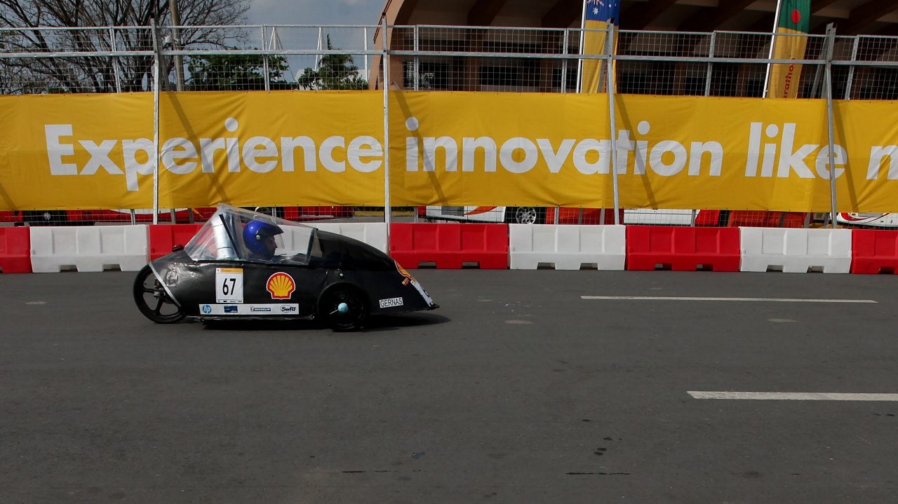 The MIE-4 prototype, competing for team Garnas MIE from Qatar University , Qatar on the track during day three of the Shell Eco-marathon in Manila, Philippines