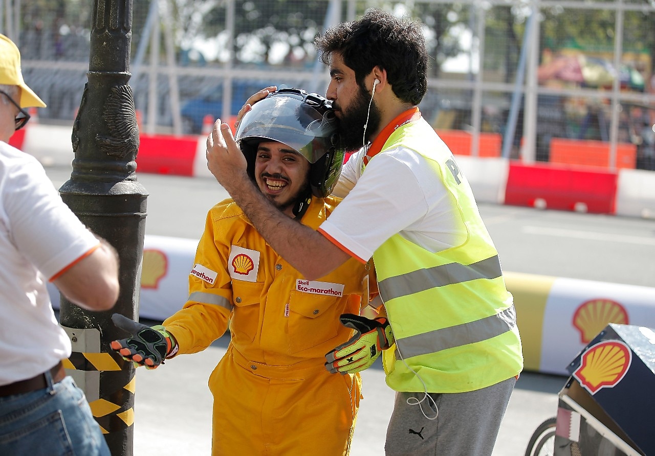 Team GernasS from the Qatar University in Doha celebrates during the final day of the Shell Eco-marathon Asia, in Manila, Philippines