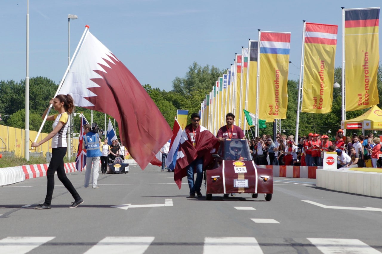 The Al Gazzal, UrbanConcept, running on GTL, competing for team Maroon Platoon, from Texas A&M University at Qatar during the opening ceremony on day 2 of the Shell Eco-marathon Europe 2014