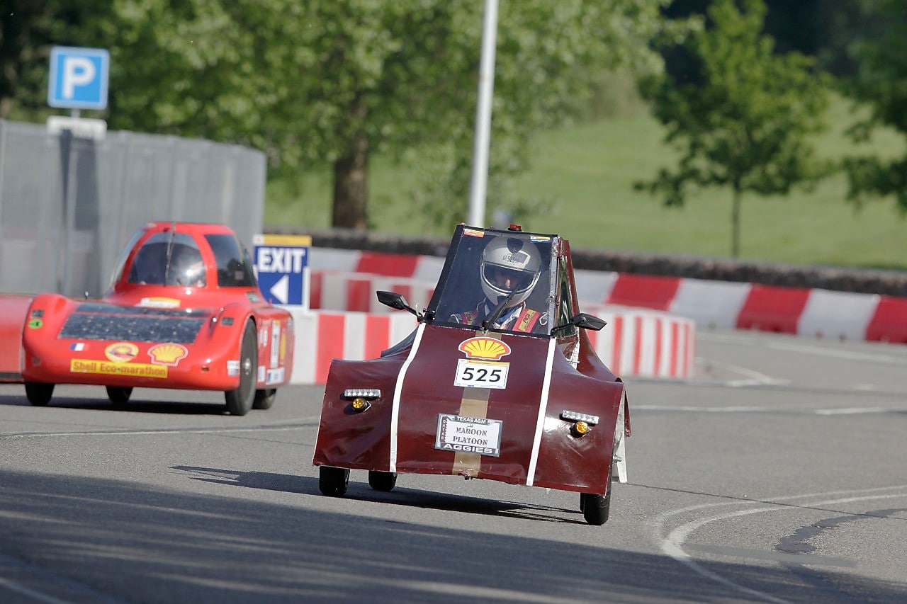 The Al Gazzal, UrbanConcept, running on GTL, competing for team Maroon Platoon, from Texas A&M University at Qatar on the track during day 3 of the Shell Eco-marathon Europe 2014
