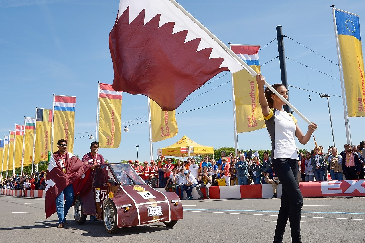 The Al Gazzal, UrbanConcept, running on GTL, competing for team Maroon Platoon, from Texas A&M University at Qatar during the opening ceremony on day 2 of the Shell Eco-marathon Europe 2014